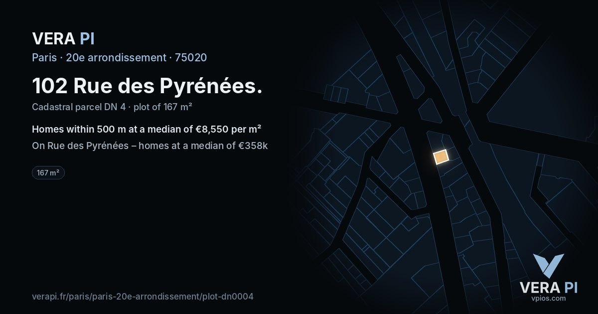102 Rue des Pyrénées, 20e arrondissement at night – the plot lit, the parcels around coloured by the prices near them