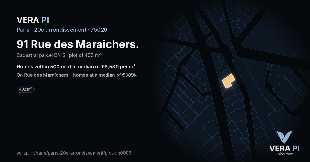 91 Rue des Maraîchers, 20e arrondissement at night – the plot lit, the parcels around coloured by the prices near them
