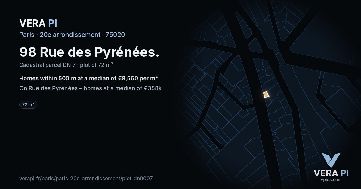 98 Rue des Pyrénées, 20e arrondissement at night – the plot lit, the parcels around coloured by the prices near them