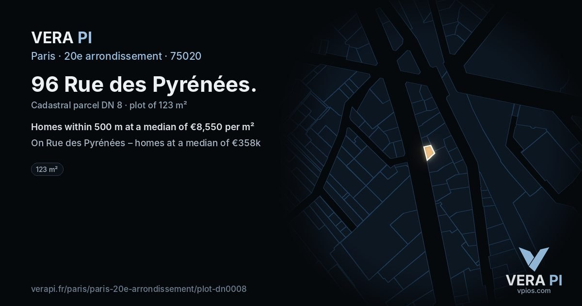 96 Rue des Pyrénées, 20e arrondissement at night – the plot lit, the parcels around coloured by the prices near them