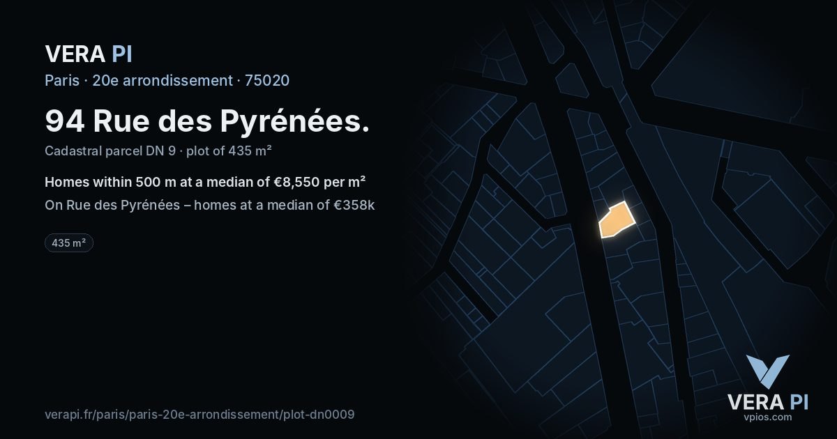 94 Rue des Pyrénées, 20e arrondissement at night – the plot lit, the parcels around coloured by the prices near them