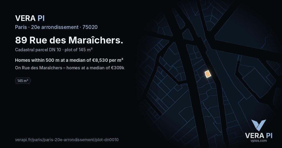 89 Rue des Maraîchers, 20e arrondissement at night – the plot lit, the parcels around coloured by the prices near them