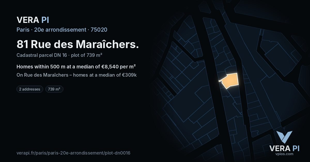 81 Rue des Maraîchers, 20e arrondissement at night – the plot lit, the parcels around coloured by the prices near them