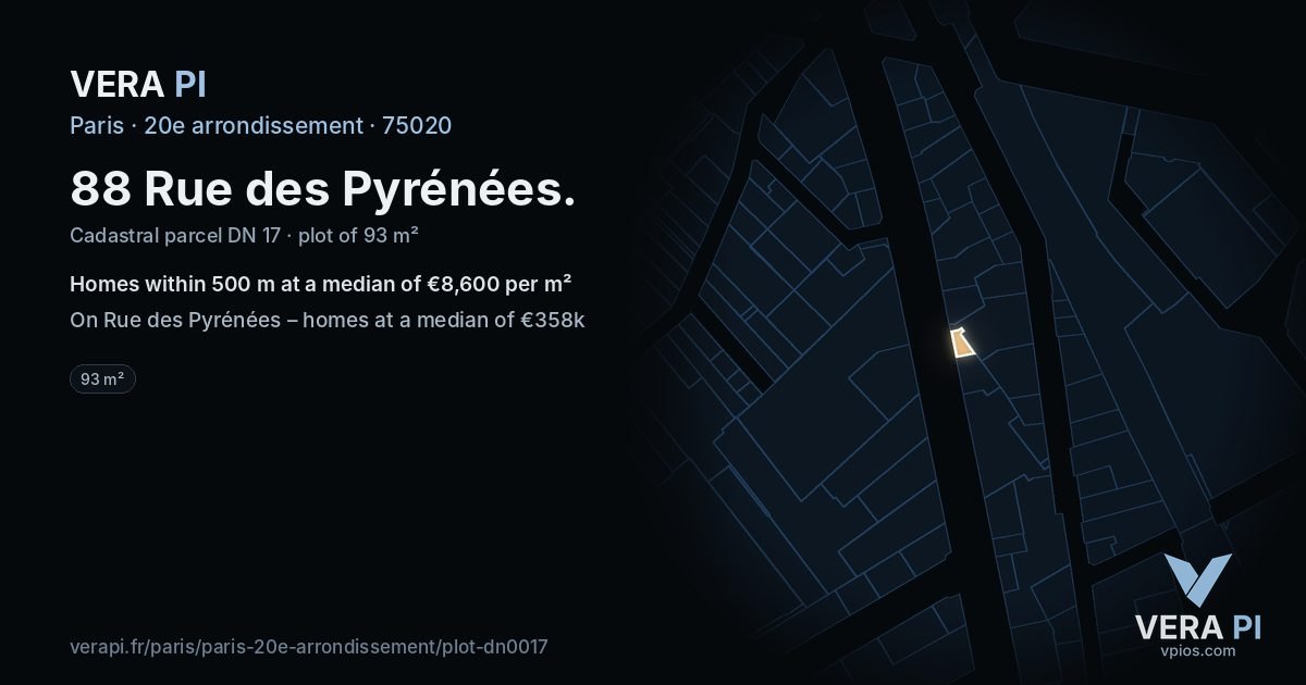 88 Rue des Pyrénées, 20e arrondissement at night – the plot lit, the parcels around coloured by the prices near them