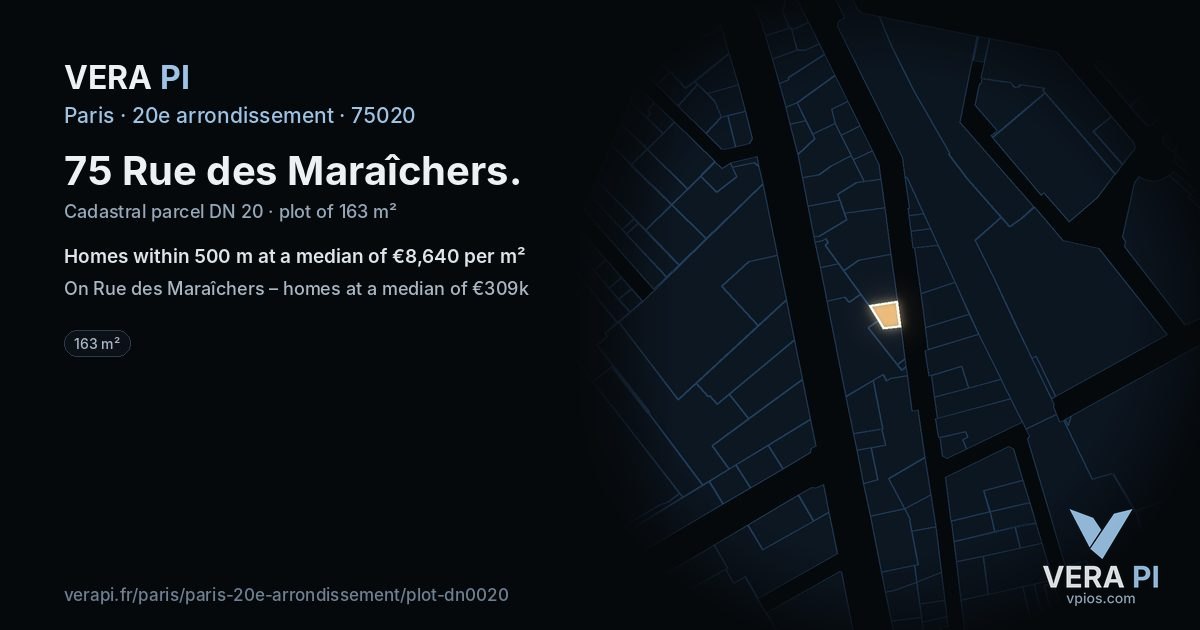 75 Rue des Maraîchers, 20e arrondissement at night – the plot lit, the parcels around coloured by the prices near them