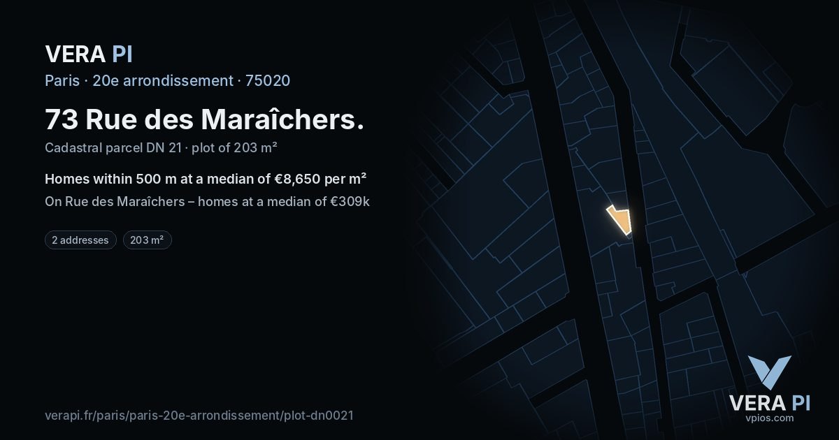 73 Rue des Maraîchers, 20e arrondissement at night – the plot lit, the parcels around coloured by the prices near them