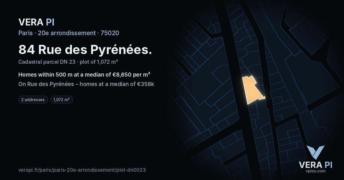 84 Rue des Pyrénées, 20e arrondissement at night – the plot lit, the parcels around coloured by the prices near them