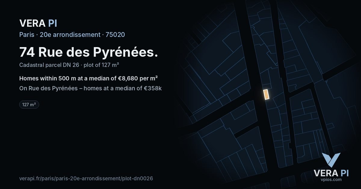 74 Rue des Pyrénées, 20e arrondissement at night – the plot lit, the parcels around coloured by the prices near them