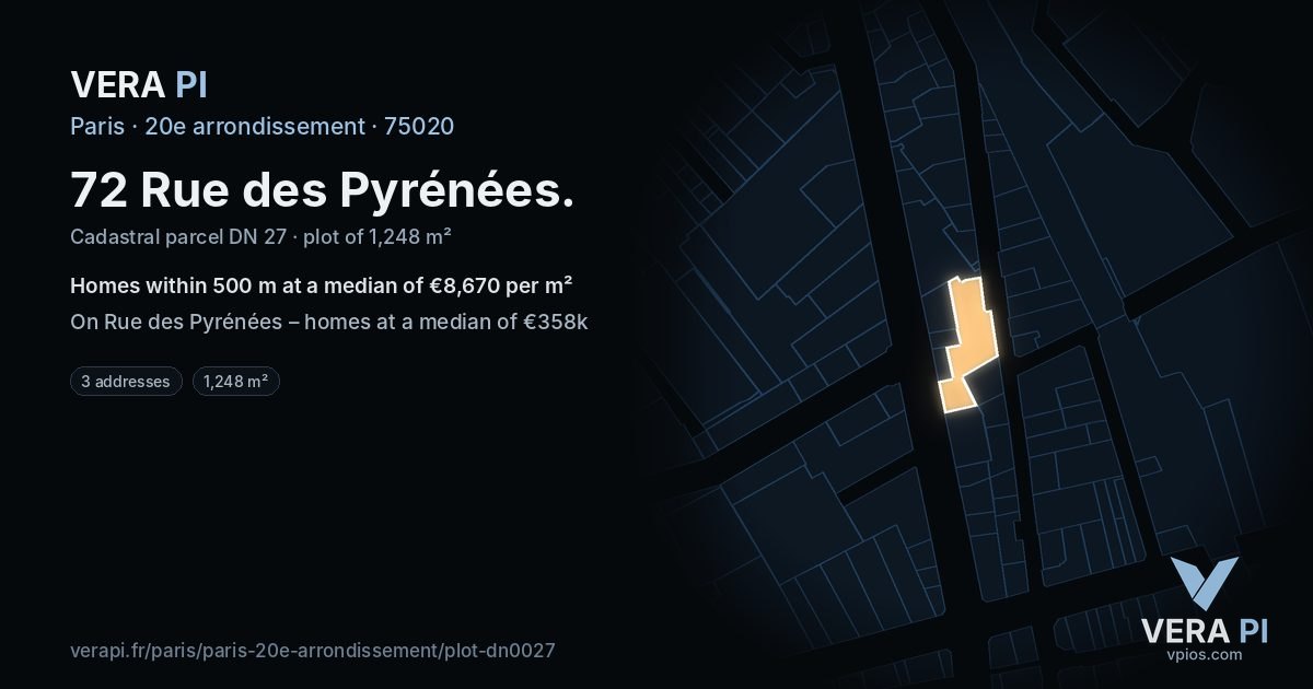 72 Rue des Pyrénées, 20e arrondissement at night – the plot lit, the parcels around coloured by the prices near them