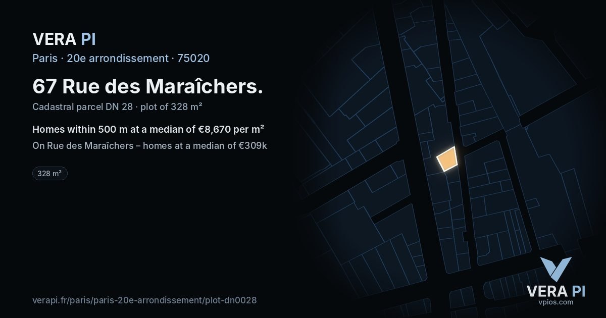 67 Rue des Maraîchers, 20e arrondissement at night – the plot lit, the parcels around coloured by the prices near them
