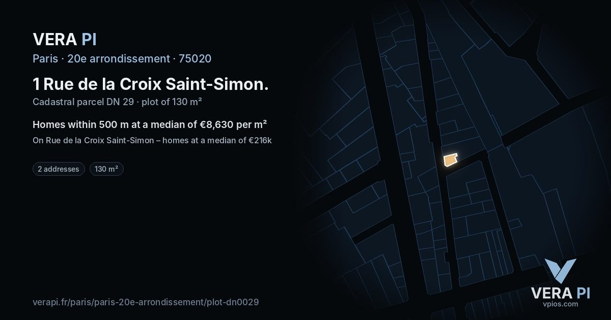 1 Rue de la Croix Saint-Simon, 20e arrondissement at night – the plot lit, the parcels around coloured by the prices near them
