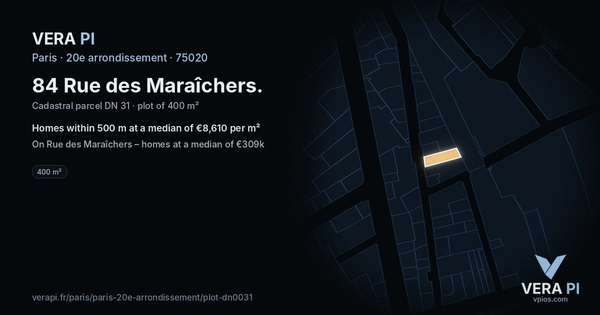 84 Rue des Maraîchers, 20e arrondissement at night – the plot lit, the parcels around coloured by the prices near them