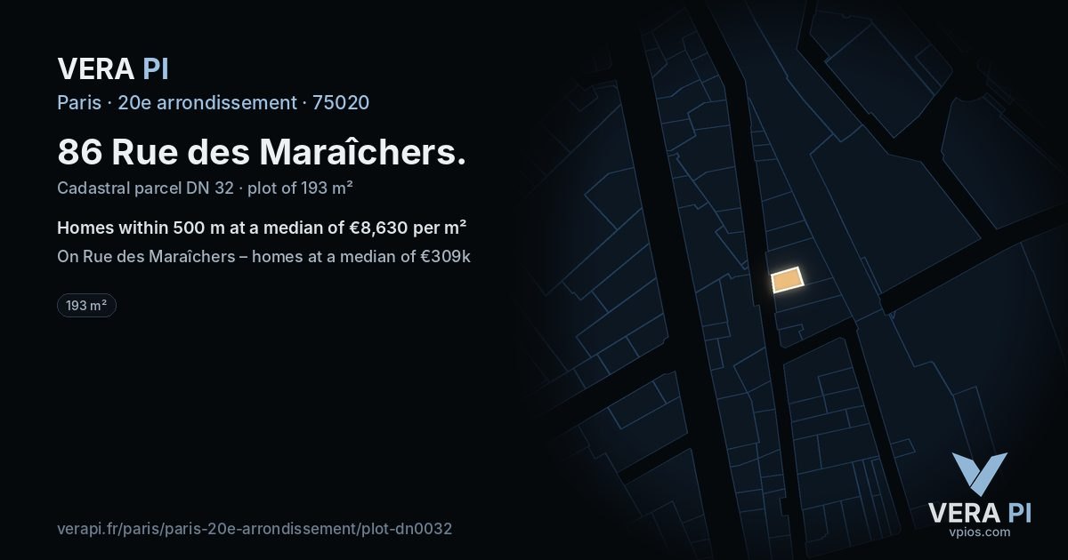 86 Rue des Maraîchers, 20e arrondissement at night – the plot lit, the parcels around coloured by the prices near them