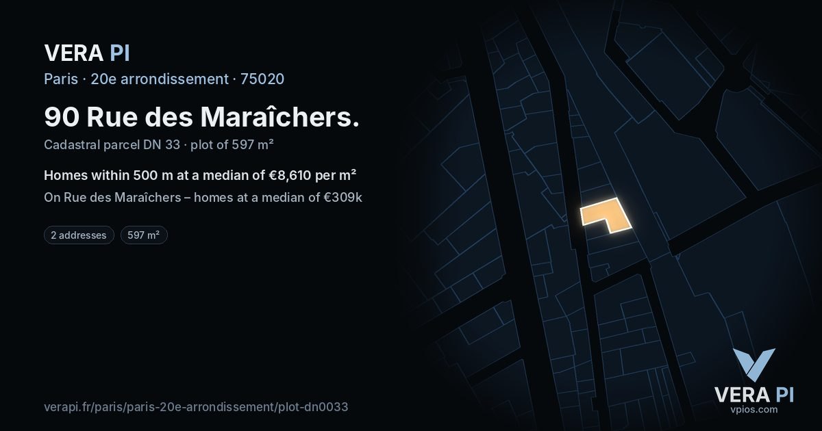 90 Rue des Maraîchers, 20e arrondissement at night – the plot lit, the parcels around coloured by the prices near them