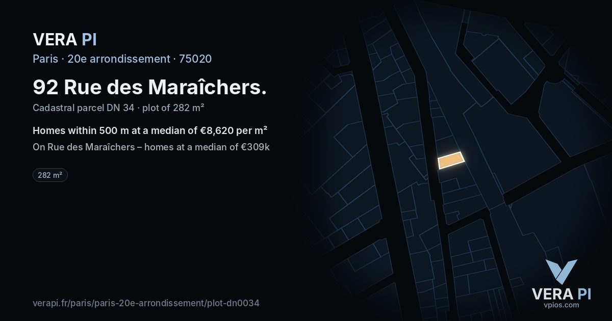 92 Rue des Maraîchers, 20e arrondissement at night – the plot lit, the parcels around coloured by the prices near them
