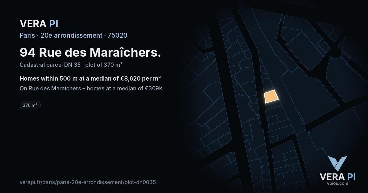94 Rue des Maraîchers, 20e arrondissement at night – the plot lit, the parcels around coloured by the prices near them