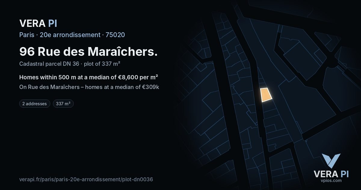 96 Rue des Maraîchers, 20e arrondissement at night – the plot lit, the parcels around coloured by the prices near them