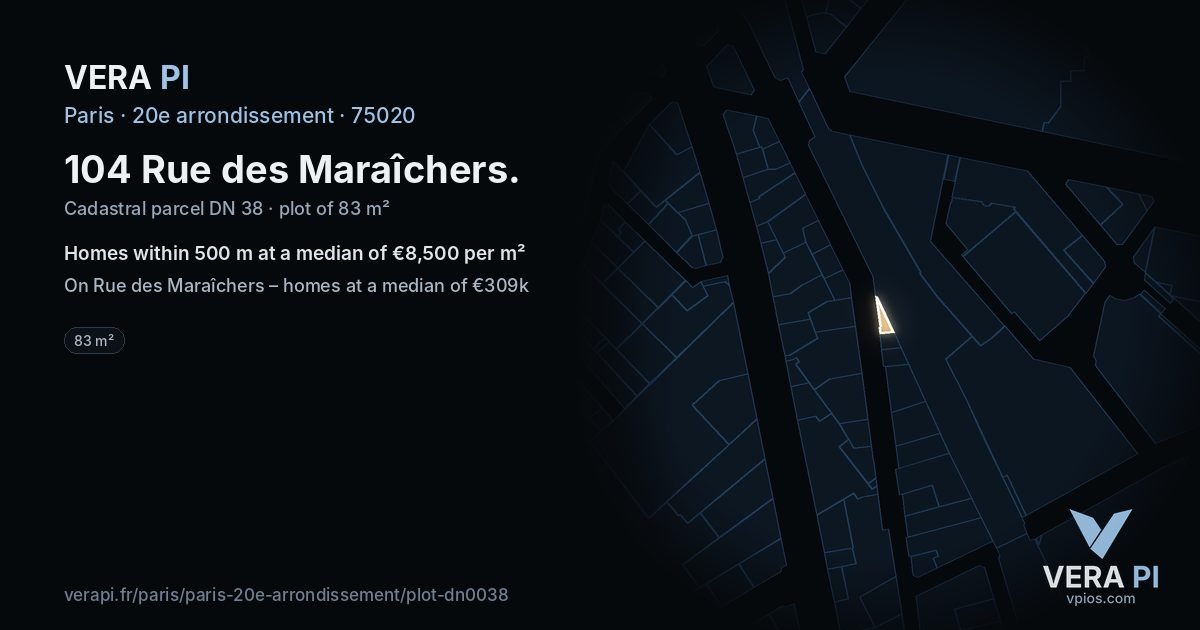 104 Rue des Maraîchers, 20e arrondissement at night – the plot lit, the parcels around coloured by the prices near them