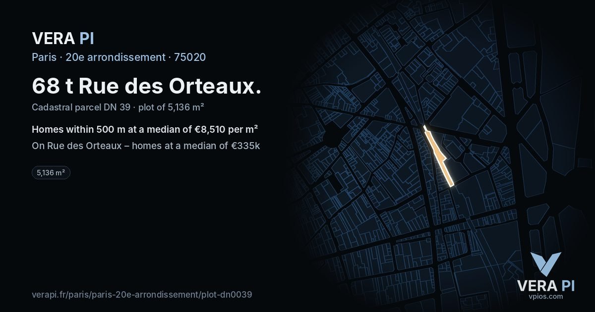 68 t Rue des Orteaux, 20e arrondissement at night – the plot lit, the parcels around coloured by the prices near them