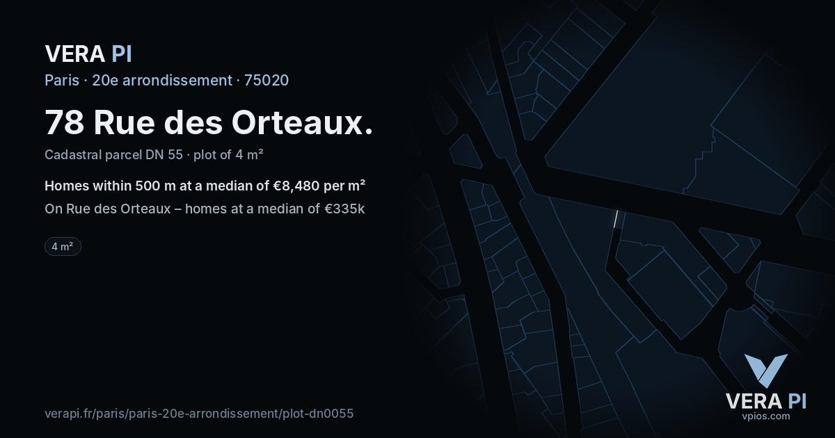 78 Rue des Orteaux, 20e arrondissement at night – the plot lit, the parcels around coloured by the prices near them