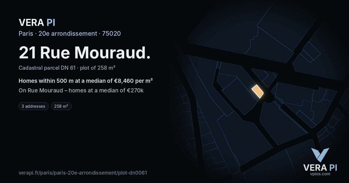 21 Rue Mouraud, 20e arrondissement at night – the plot lit, the parcels around coloured by the prices near them