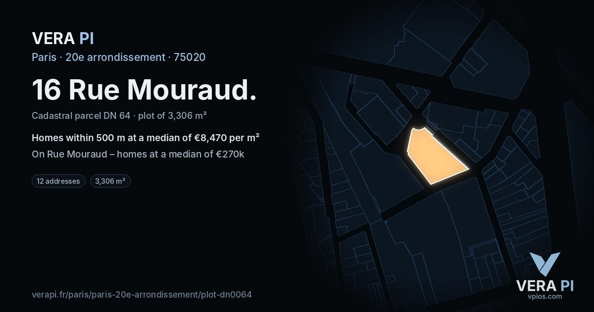 16 Rue Mouraud, 20e arrondissement at night – the plot lit, the parcels around coloured by the prices near them