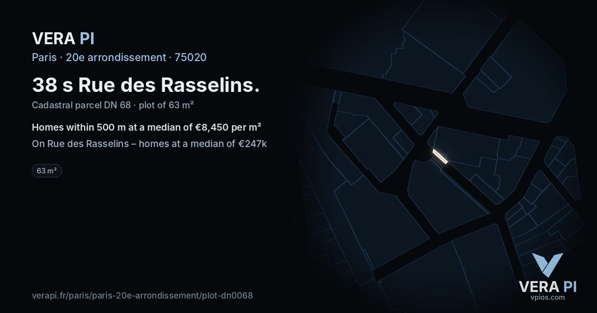 38 s Rue des Rasselins, 20e arrondissement at night – the plot lit, the parcels around coloured by the prices near them