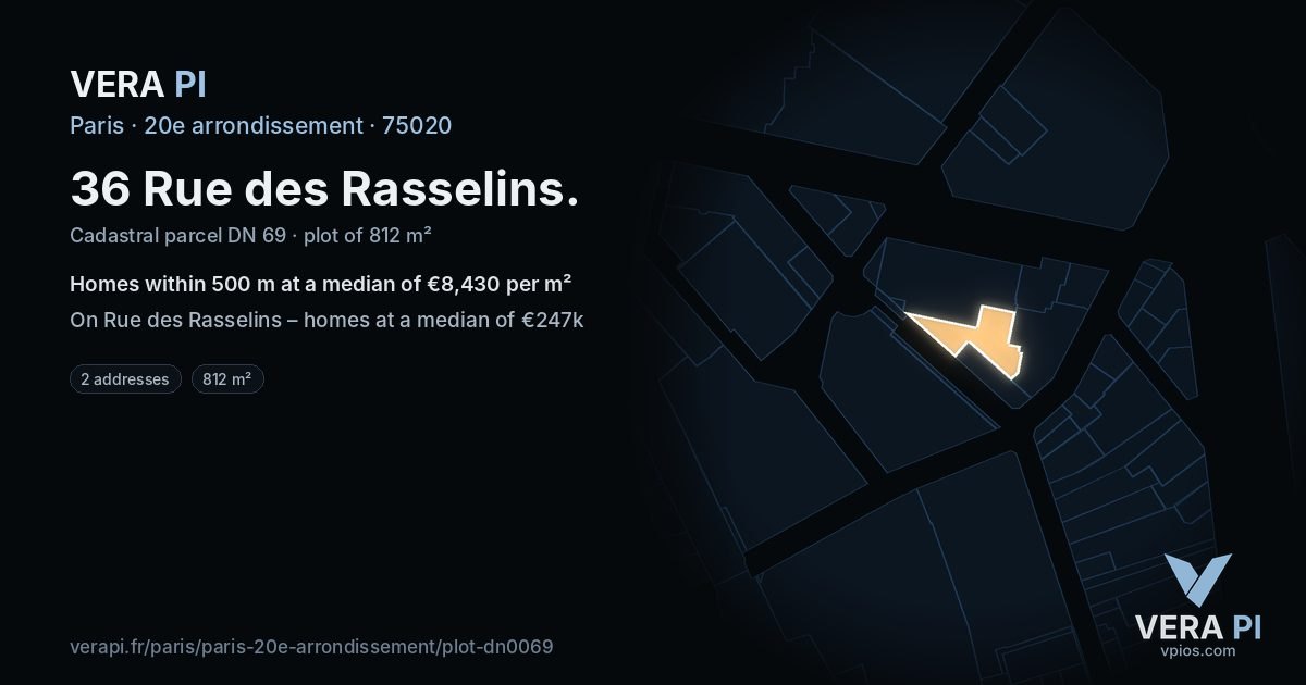 36 Rue des Rasselins, 20e arrondissement at night – the plot lit, the parcels around coloured by the prices near them