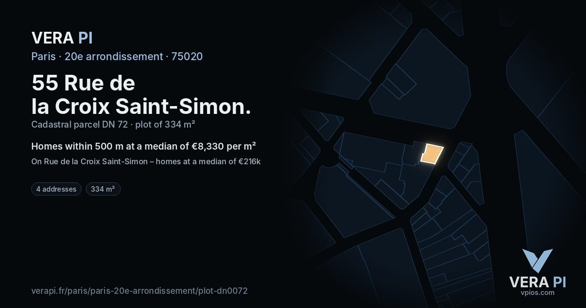 55 Rue de la Croix Saint-Simon, 20e arrondissement at night – the plot lit, the parcels around coloured by the prices near them