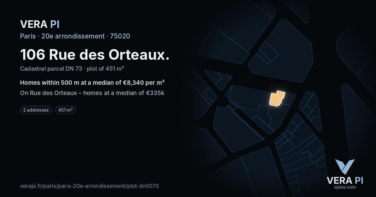 106 Rue des Orteaux, 20e arrondissement at night – the plot lit, the parcels around coloured by the prices near them