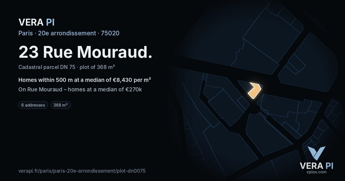 23 Rue Mouraud, 20e arrondissement at night – the plot lit, the parcels around coloured by the prices near them