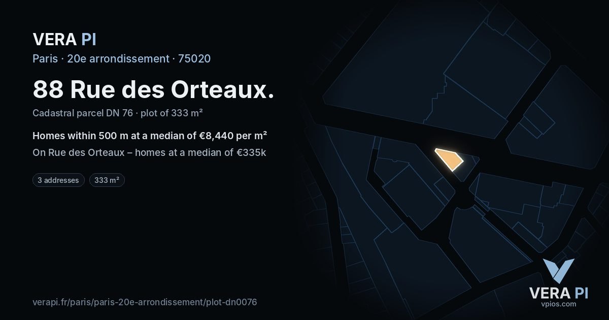 88 Rue des Orteaux, 20e arrondissement at night – the plot lit, the parcels around coloured by the prices near them