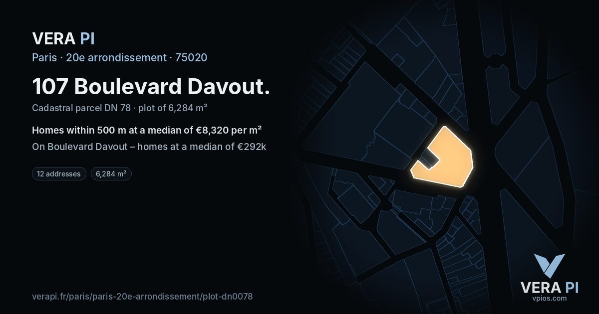 107 Boulevard Davout, 20e arrondissement at night – the plot lit, the parcels around coloured by the prices near them
