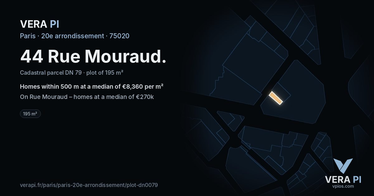 44 Rue Mouraud, 20e arrondissement at night – the plot lit, the parcels around coloured by the prices near them