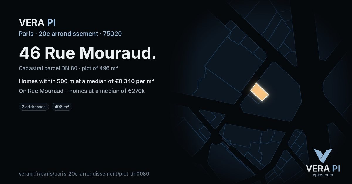 46 Rue Mouraud, 20e arrondissement at night – the plot lit, the parcels around coloured by the prices near them