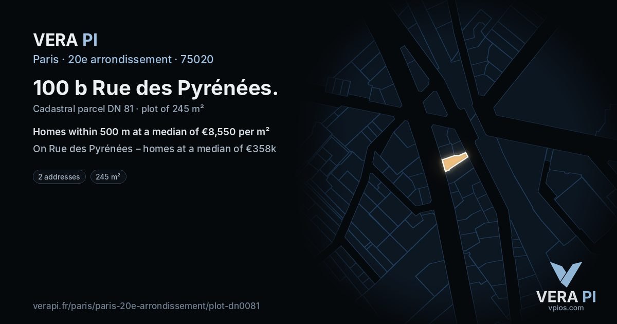 100 b Rue des Pyrénées, 20e arrondissement at night – the plot lit, the parcels around coloured by the prices near them