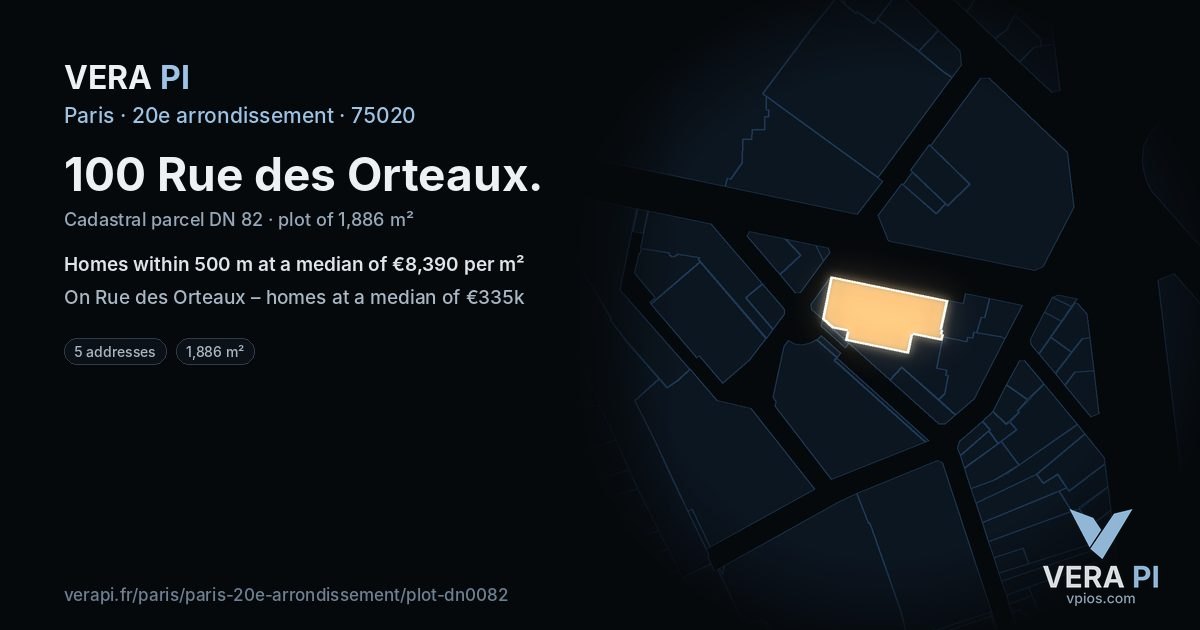 100 Rue des Orteaux, 20e arrondissement at night – the plot lit, the parcels around coloured by the prices near them