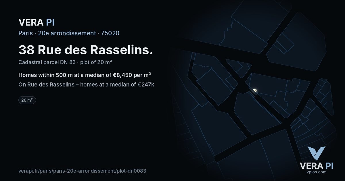 38 Rue des Rasselins, 20e arrondissement at night – the plot lit, the parcels around coloured by the prices near them