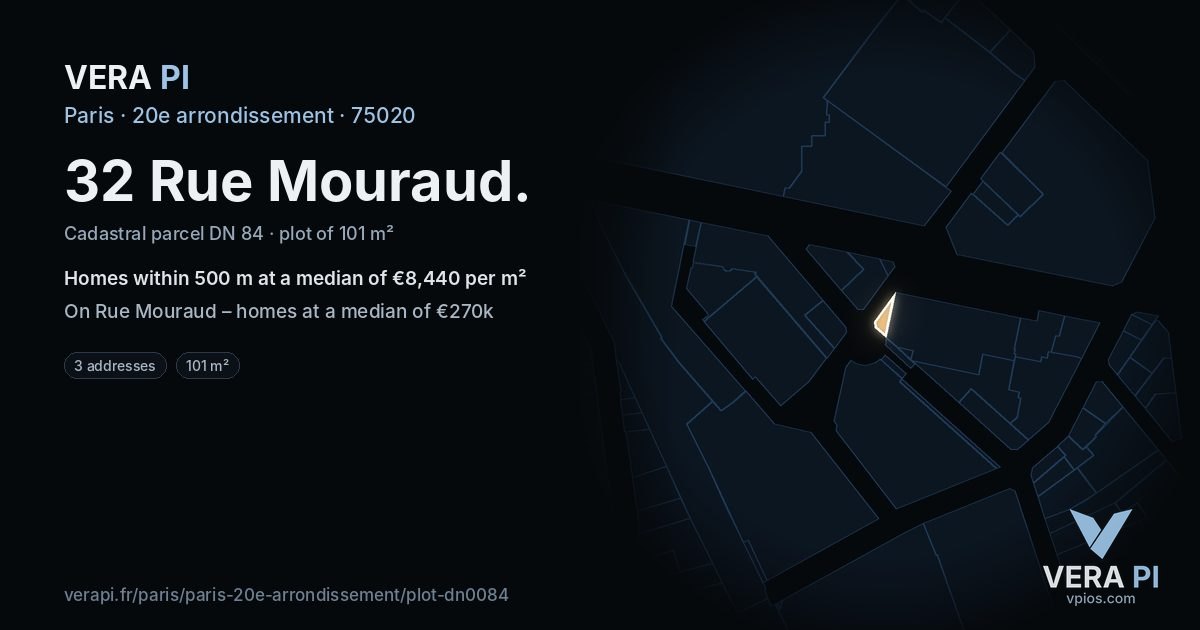 32 Rue Mouraud, 20e arrondissement at night – the plot lit, the parcels around coloured by the prices near them