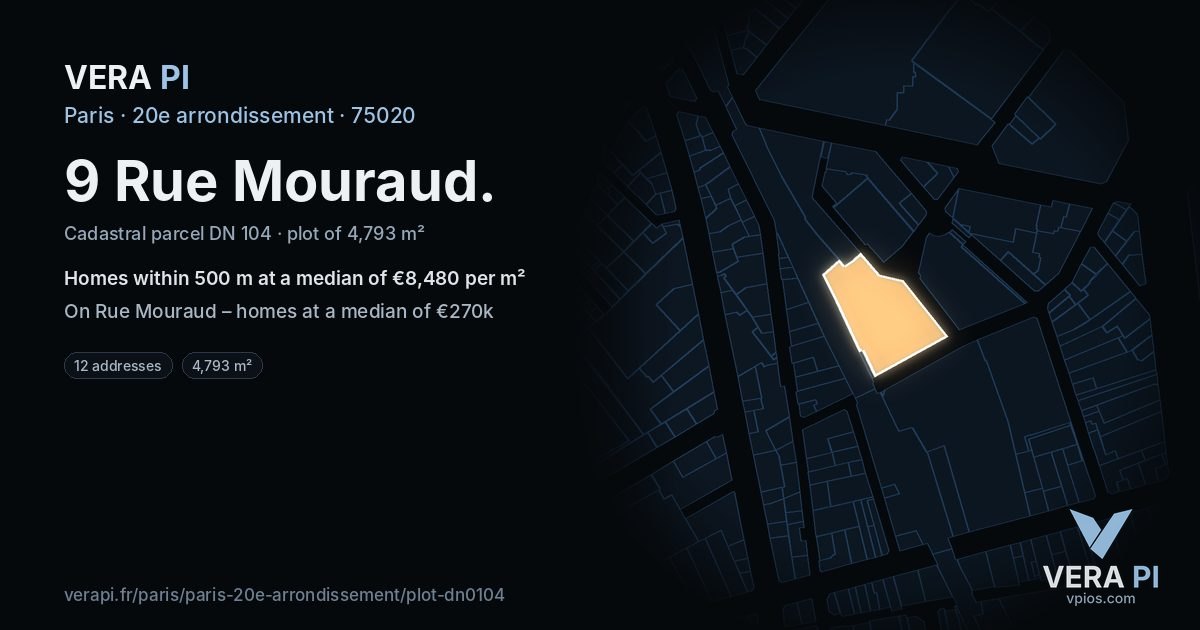 9 Rue Mouraud, 20e arrondissement at night – the plot lit, the parcels around coloured by the prices near them