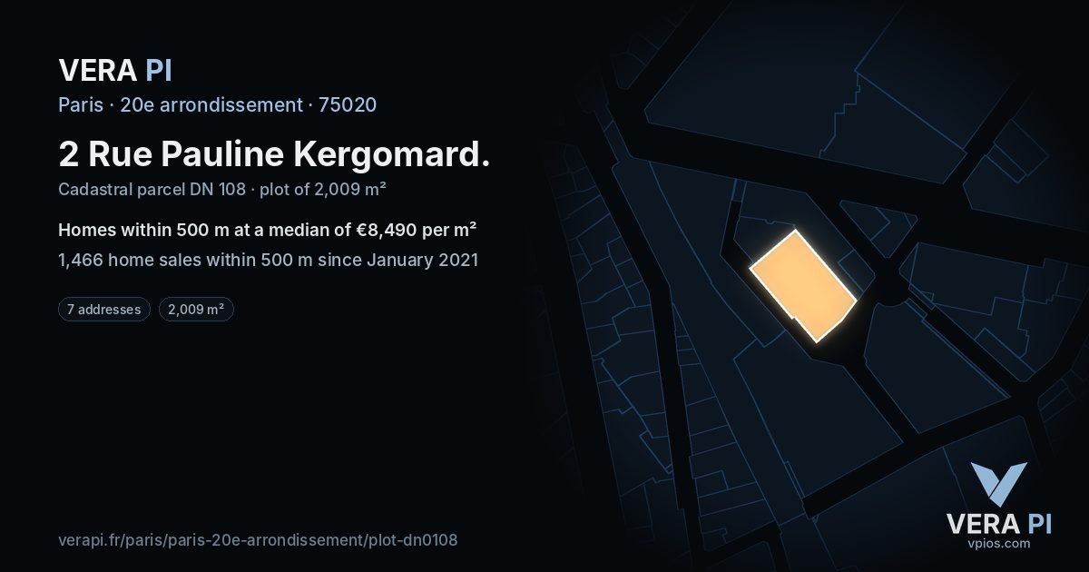 2 Rue Pauline Kergomard, 20e arrondissement at night – the plot lit, the parcels around coloured by the prices near them