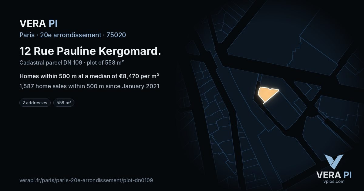 12 Rue Pauline Kergomard, 20e arrondissement at night – the plot lit, the parcels around coloured by the prices near them