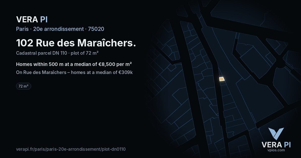 102 Rue des Maraîchers, 20e arrondissement at night – the plot lit, the parcels around coloured by the prices near them