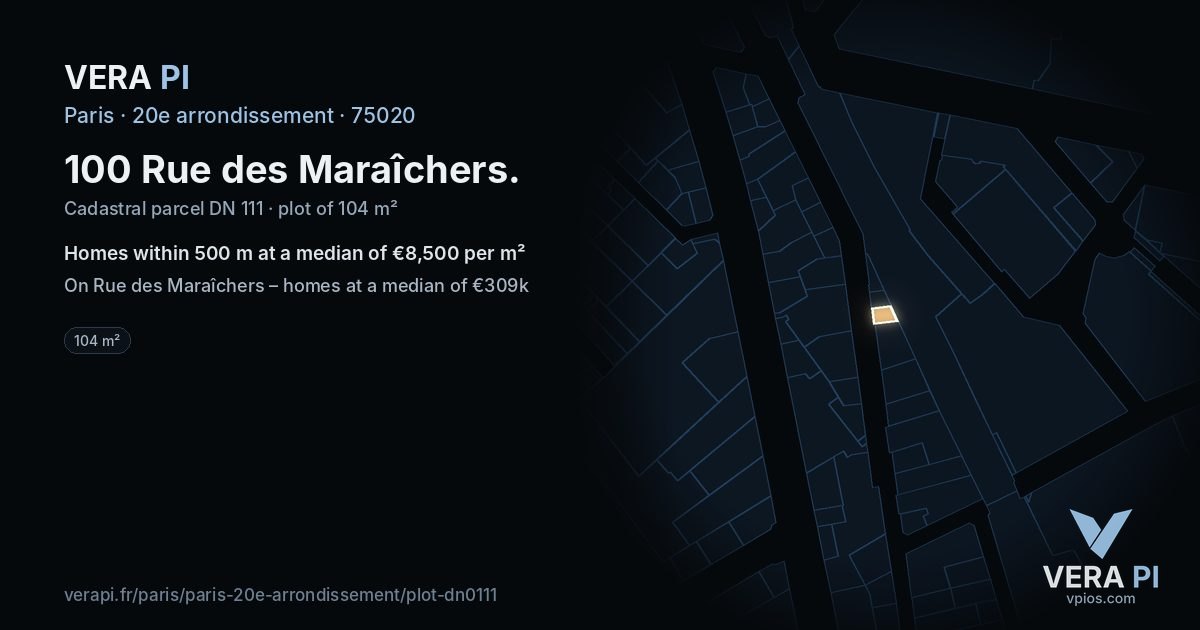 100 Rue des Maraîchers, 20e arrondissement at night – the plot lit, the parcels around coloured by the prices near them