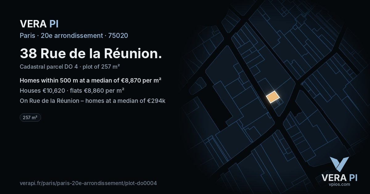 38 Rue de la Réunion, 20e arrondissement at night – the plot lit, the parcels around coloured by the prices near them
