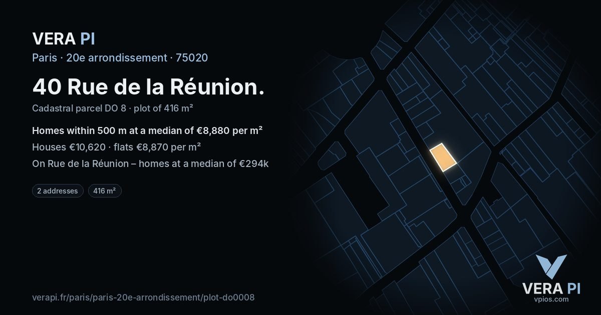 40 Rue de la Réunion, 20e arrondissement at night – the plot lit, the parcels around coloured by the prices near them