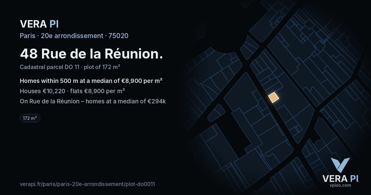 48 Rue de la Réunion, 20e arrondissement at night – the plot lit, the parcels around coloured by the prices near them