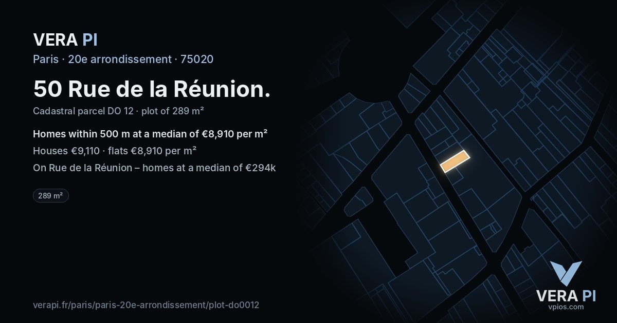 50 Rue de la Réunion, 20e arrondissement at night – the plot lit, the parcels around coloured by the prices near them