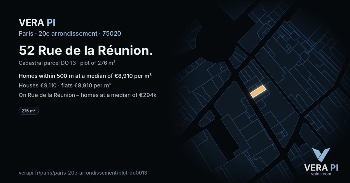 52 Rue de la Réunion, 20e arrondissement at night – the plot lit, the parcels around coloured by the prices near them