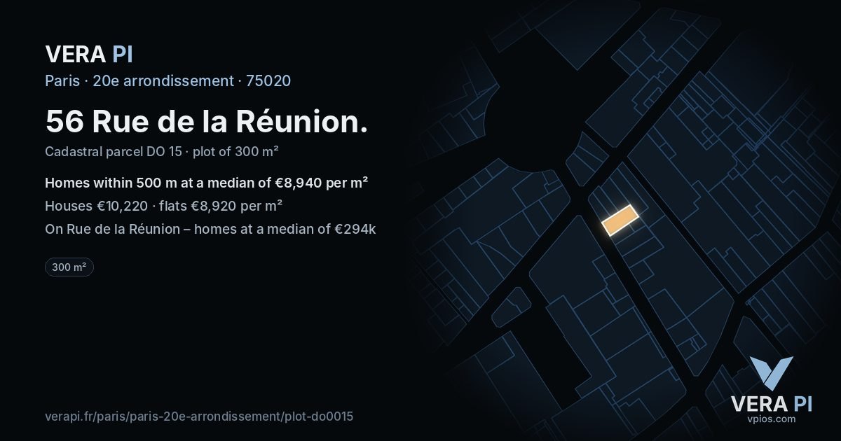 56 Rue de la Réunion, 20e arrondissement at night – the plot lit, the parcels around coloured by the prices near them